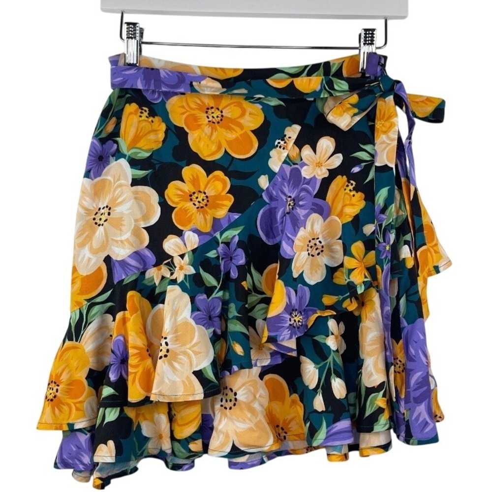Tularusa Rayon Floral Faux Wrap Ruffle Skirt, Small, coquette, asymmetrical mini